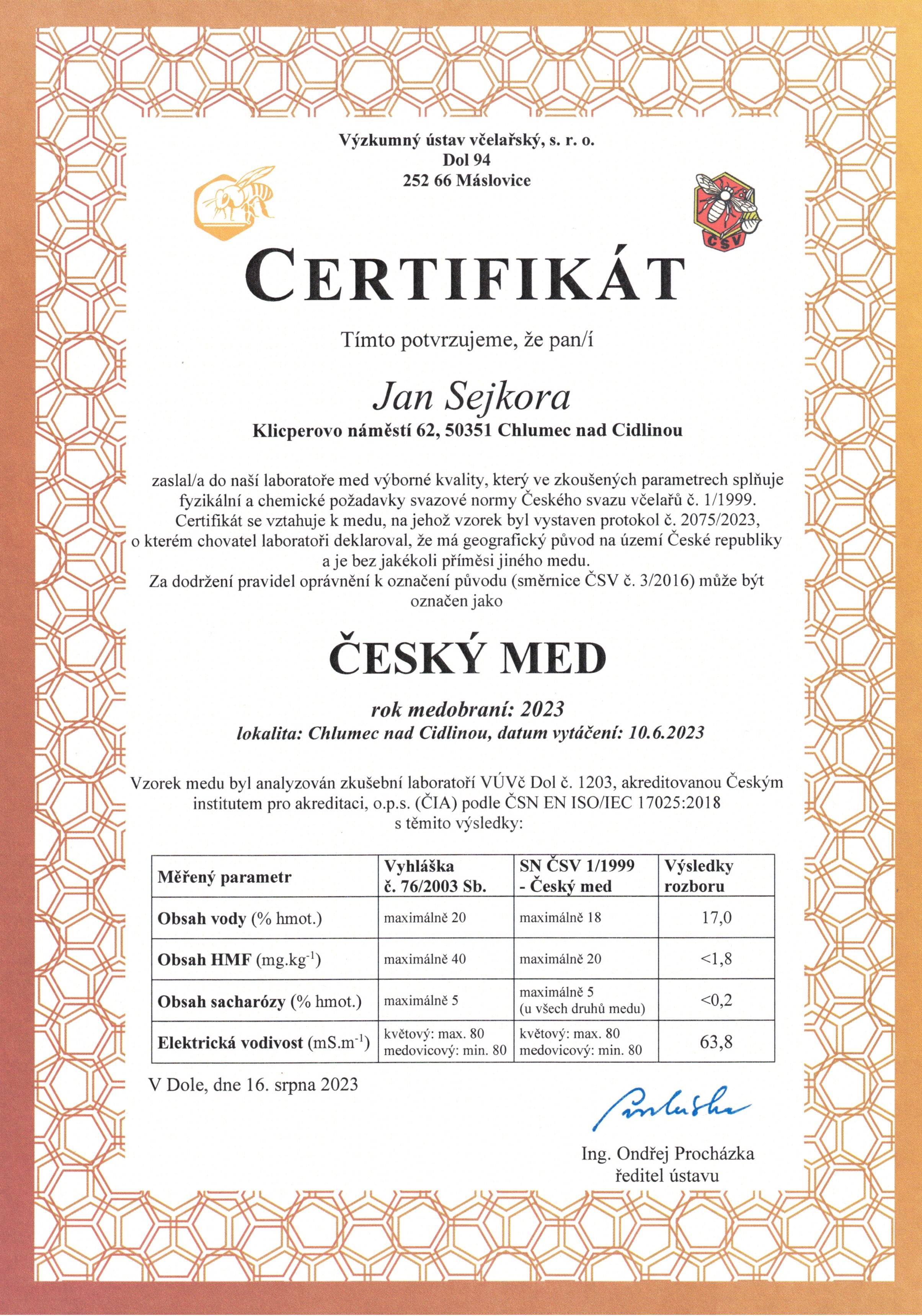 Certifikát ČESKÝ MED 2023